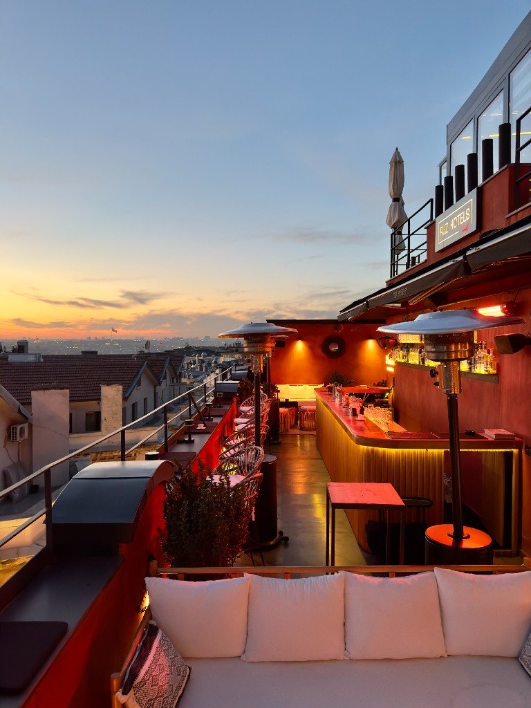 Rooftop terrace bar at sunset